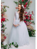 Long Sleeves White Lace Tulle V Back Flower Girl Dress